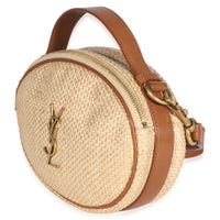 Saint Laurent Beige Raffia Brown Calfskin Round Camera Bag Handbag 2
