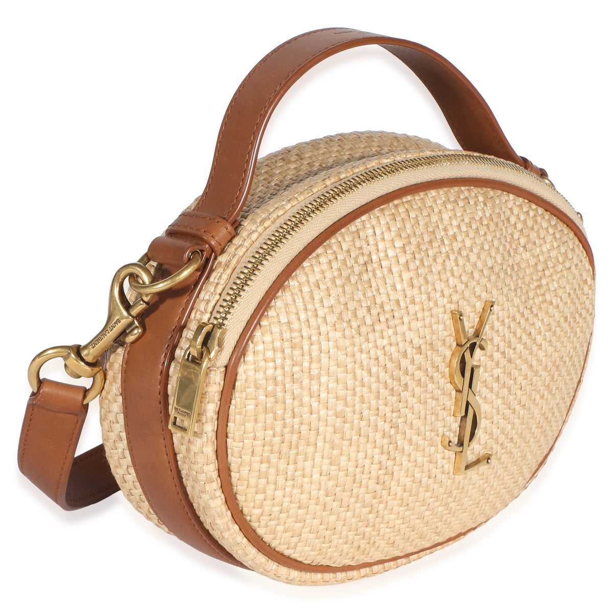 Saint Laurent Beige Raffia Brown Calfskin Round Camera Bag Handbag 3