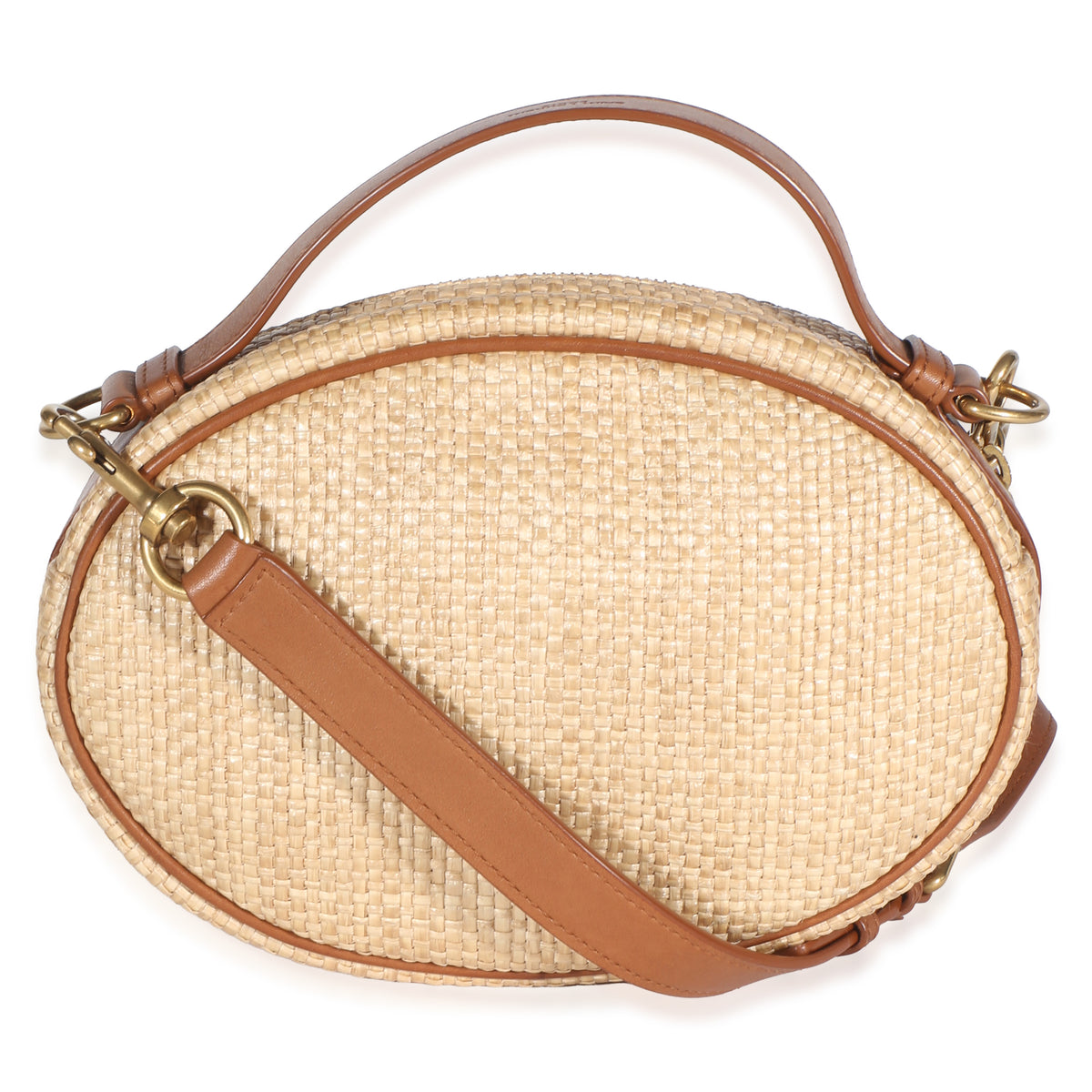 Saint Laurent Beige Raffia Brown Calfskin Round Camera Bag Handbag 4