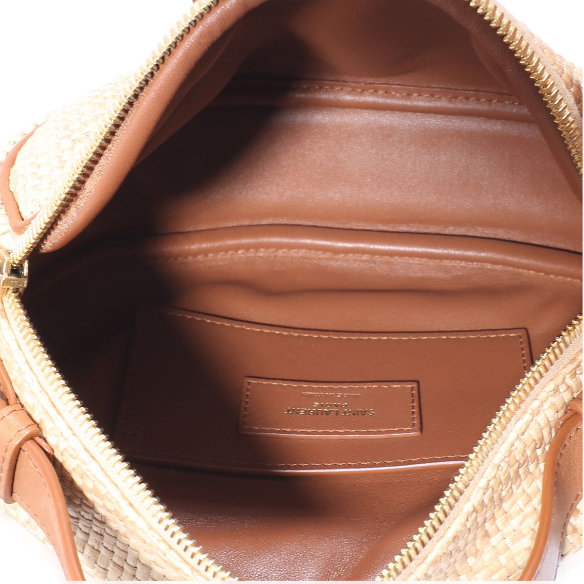 Saint Laurent Beige Raffia Brown Calfskin Round Camera Bag Handbag 9