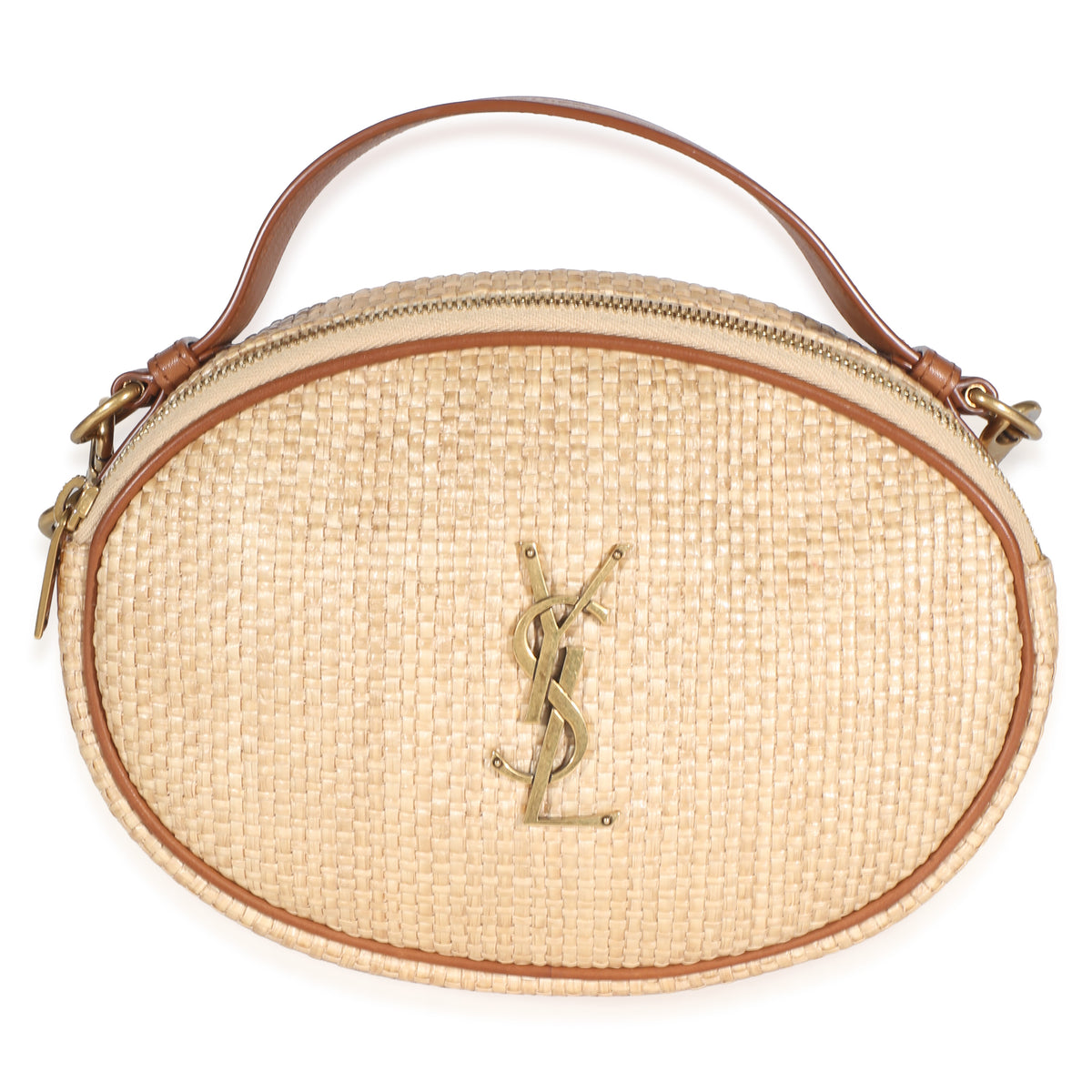 Saint Laurent Beige Raffia Brown Calfskin Round Camera Bag Handbag id