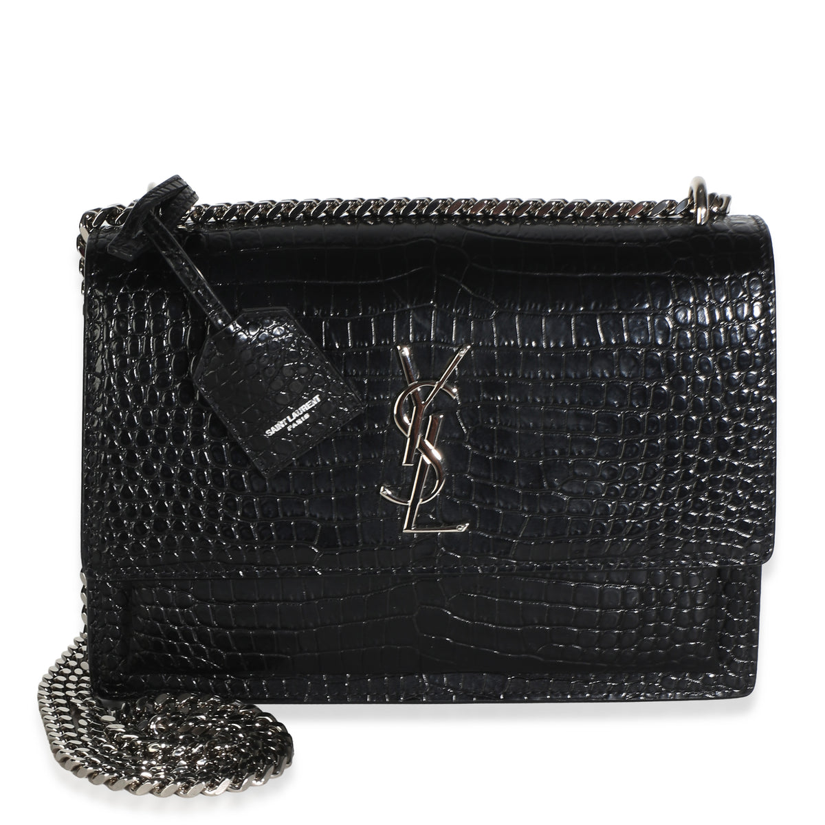 Saint Laurent Black Croc Embossed Calfskin Medium Monogram Sunset Bag Handbag id