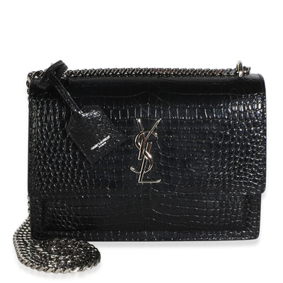 Saint Laurent Black Croc Embossed Calfskin Medium Monogram Sunset Bag Handbag id