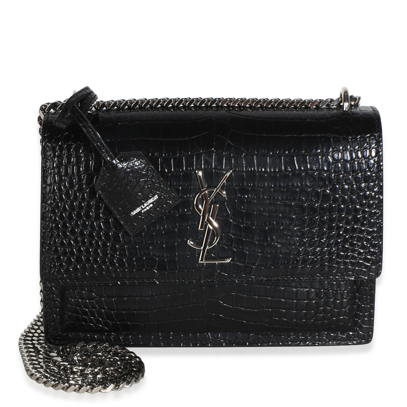 Saint Laurent Black Croc Embossed Calfskin Medium Monogram Sunset Bag Handbag id
