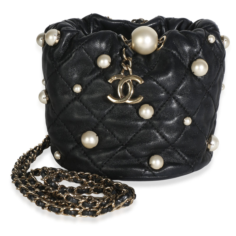 Chanel Black Quilted Lambskin Mini About Pearls Drawstring Bucket Bag Handbag id