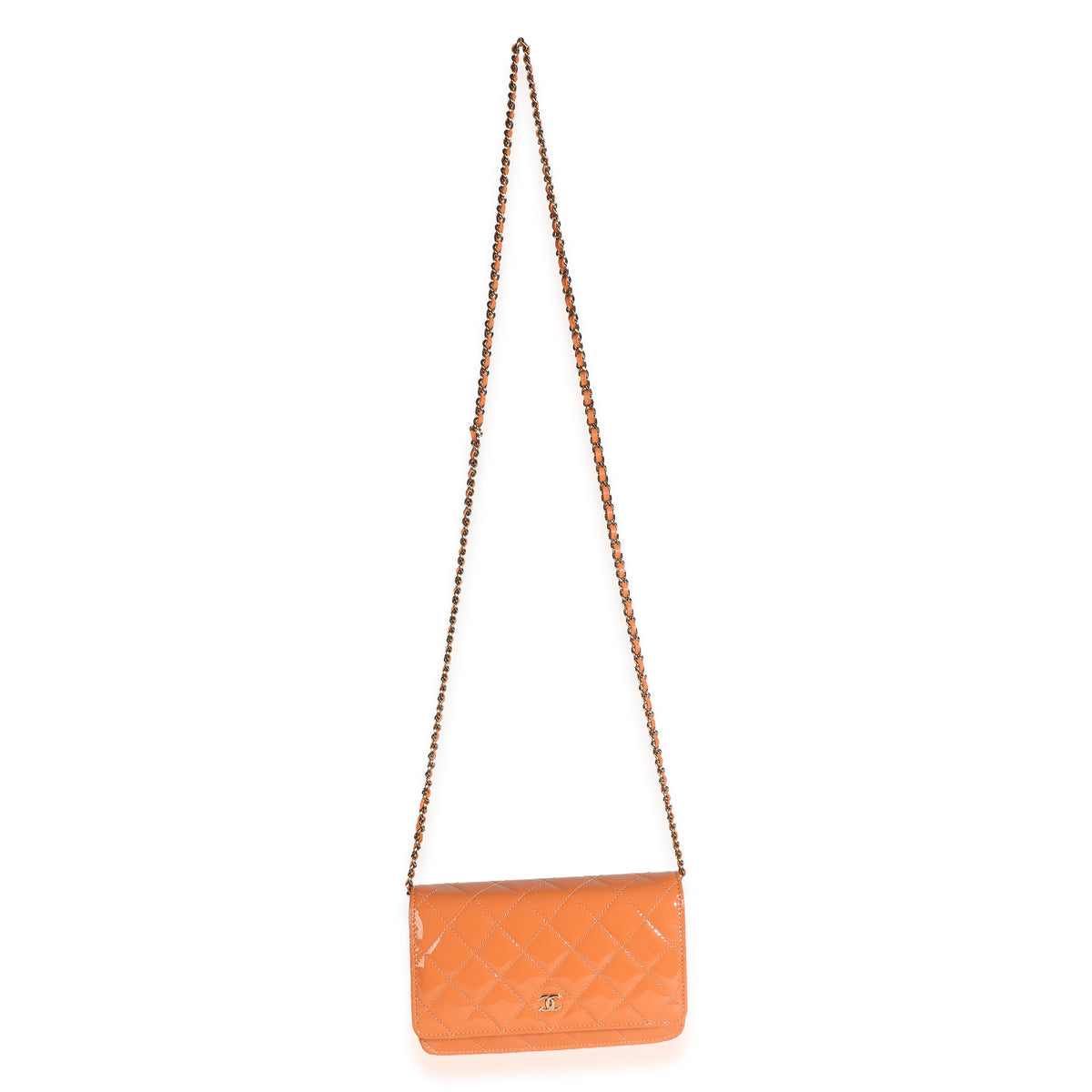 Chanel Dark Orange Quilted Patent Classic Wallet On Chain Handbag 8