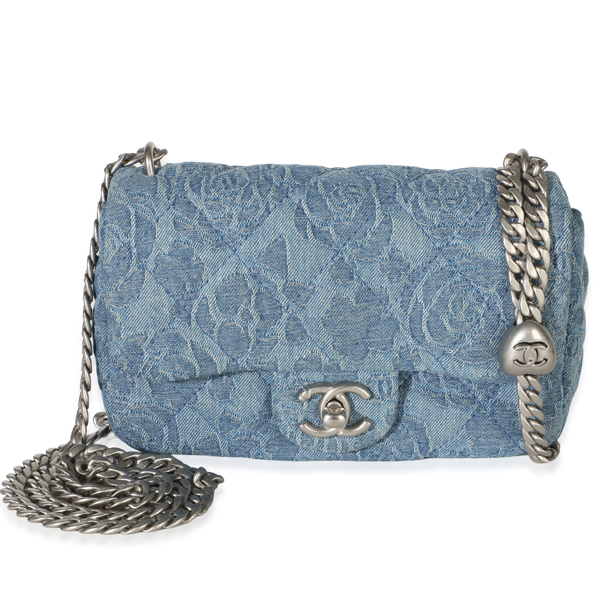 Chanel Blue Quilted Denim Camellia Sweetheart Mini Flap Bag Handbag fv