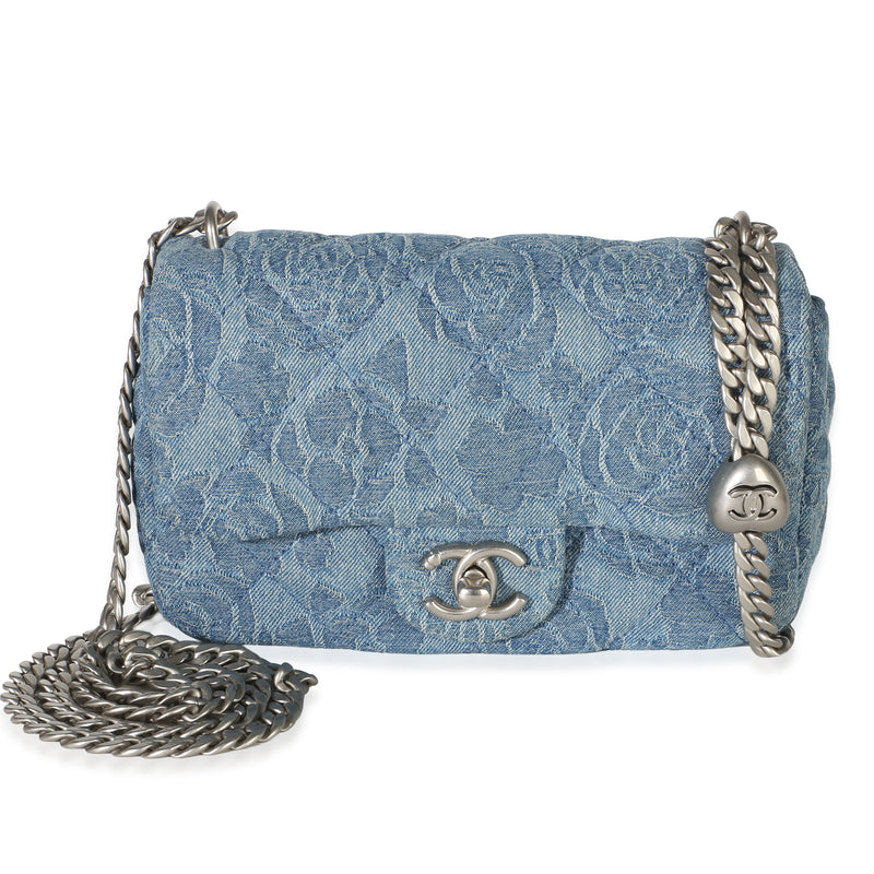 Chanel Blue Quilted Denim Camellia Sweetheart Mini Flap Bag Handbag fv