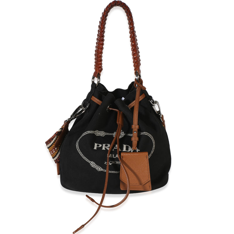 Prada Black Canvas Logo Drawstring Bucket Bag Handbag id