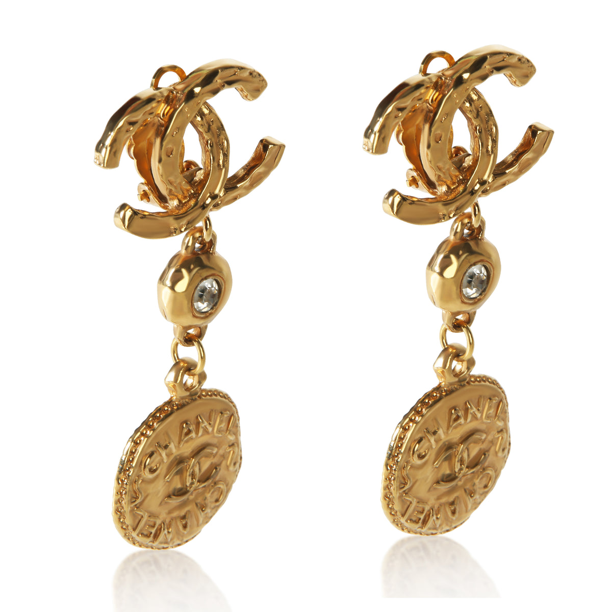 Chanel Gold Plated Vintage Strass CC Medallion Earrings 2