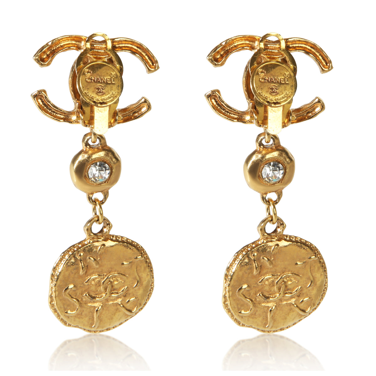 Chanel Gold Plated Vintage Strass CC Medallion Earrings 3