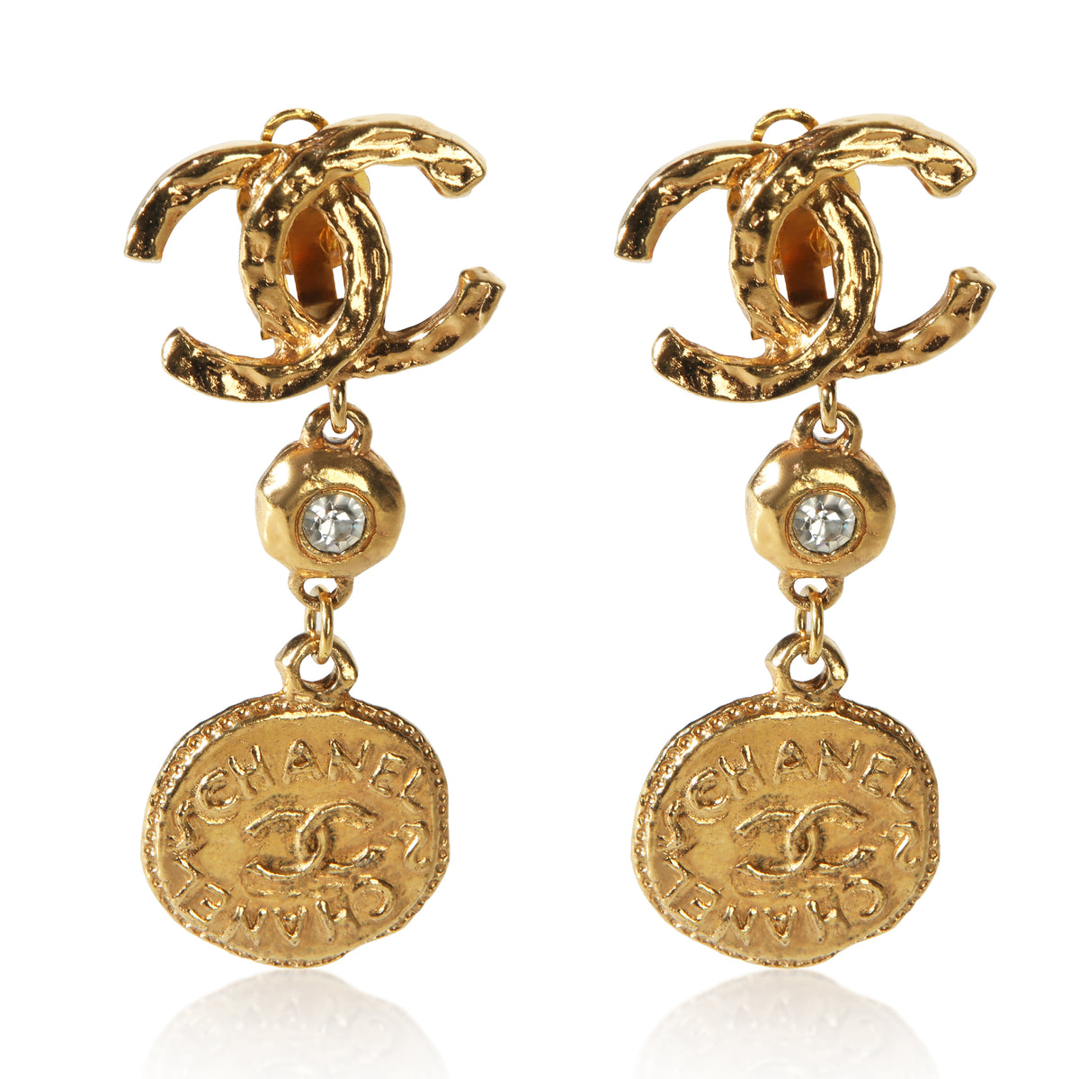 Chanel Gold Plated Vintage Strass CC Medallion Earrings fv