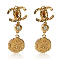 Chanel Gold Plated Vintage Strass CC Medallion Earrings fv