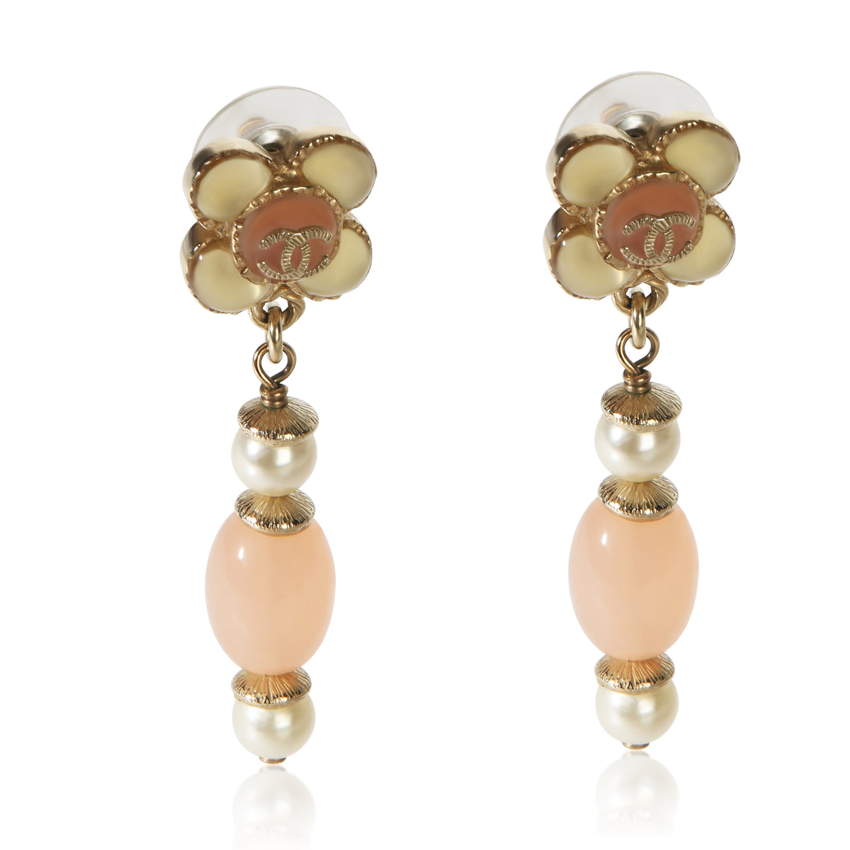 Chanel Gold Plated 2016 Resin & Faux Pearl Flower Earrings fv