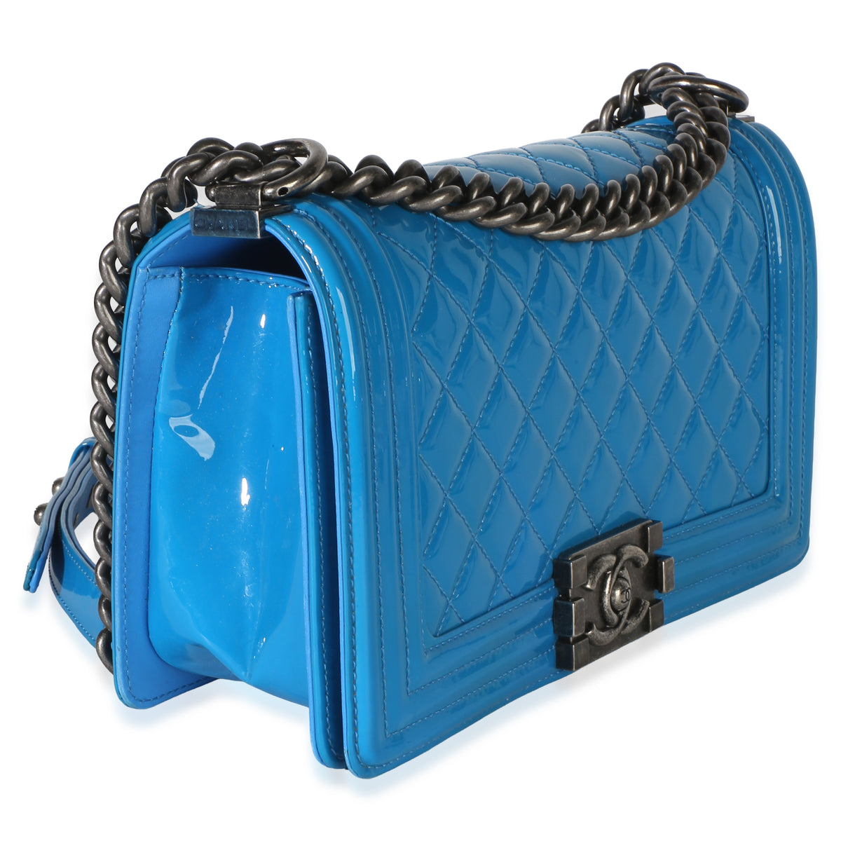 Chanel Blue Quilted Patent Old Medium Boy Bag Handbag 3