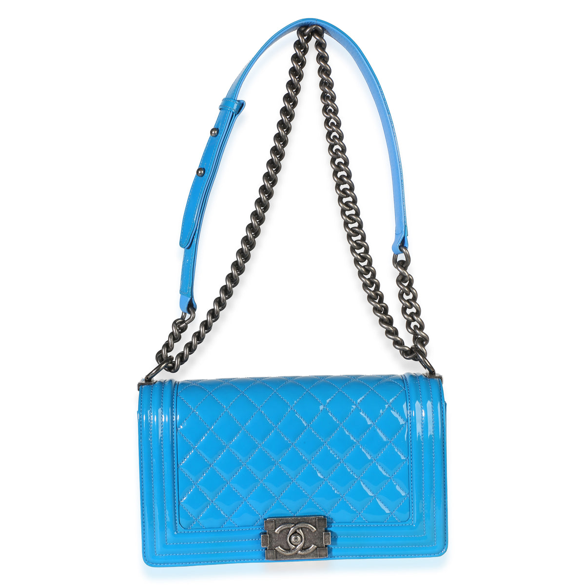 Chanel Blue Quilted Patent Old Medium Boy Bag Handbag 8