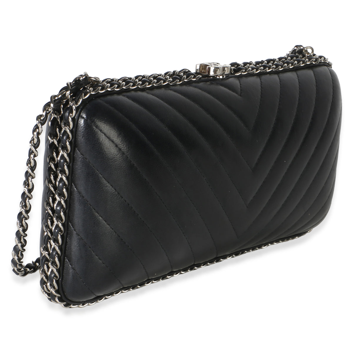 Chanel Black Chevron Lambskin Chain Around Box Clutch Handbag 3