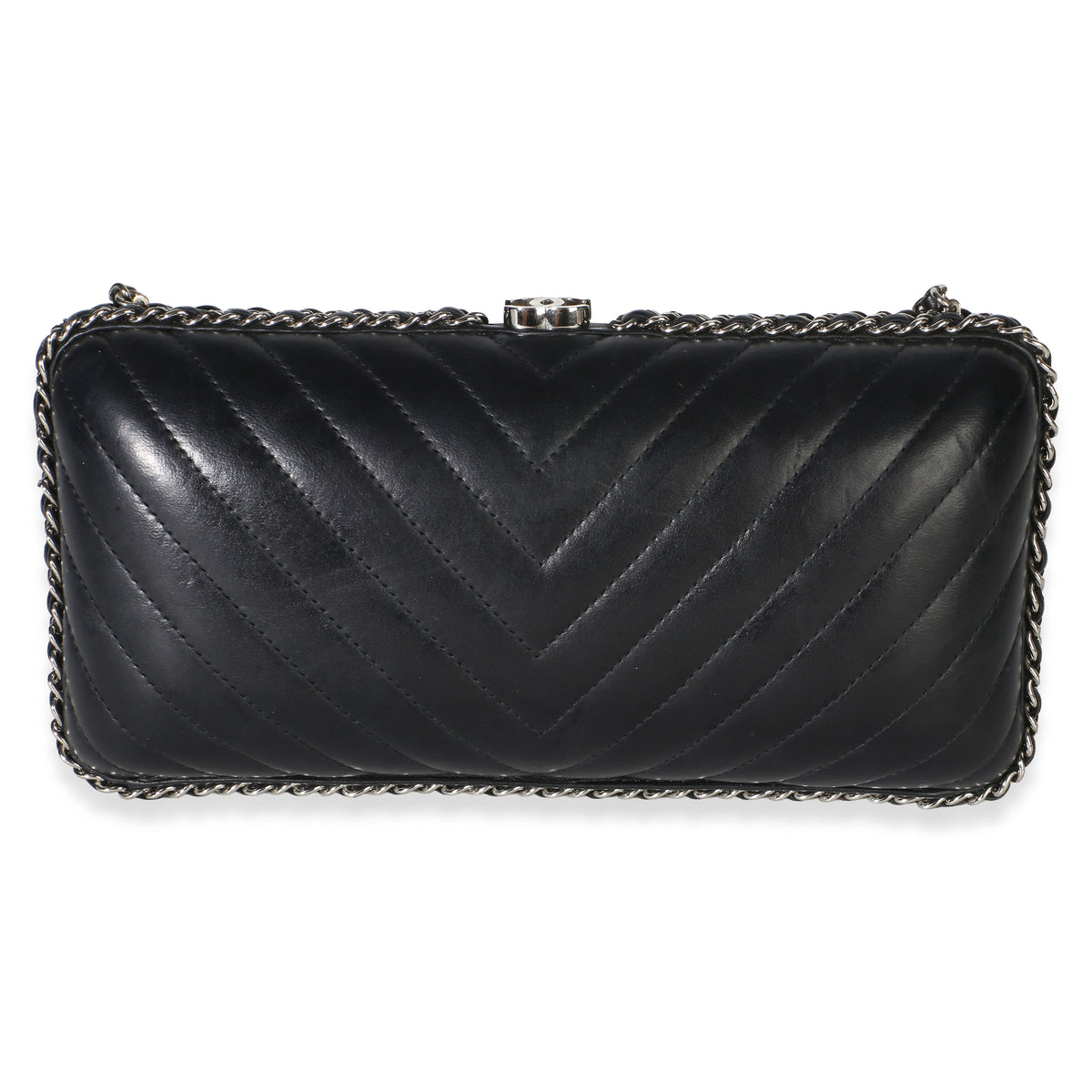 Chanel Black Chevron Lambskin Chain Around Box Clutch Handbag 4