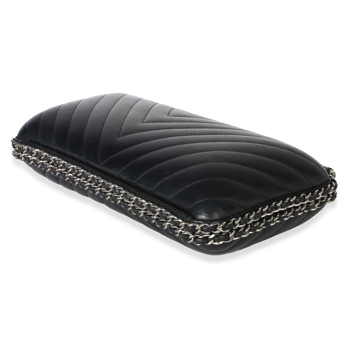 Chanel Black Chevron Lambskin Chain Around Box Clutch Handbag 6