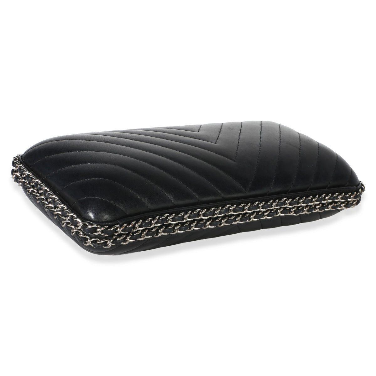 Chanel Black Chevron Lambskin Chain Around Box Clutch Handbag 7