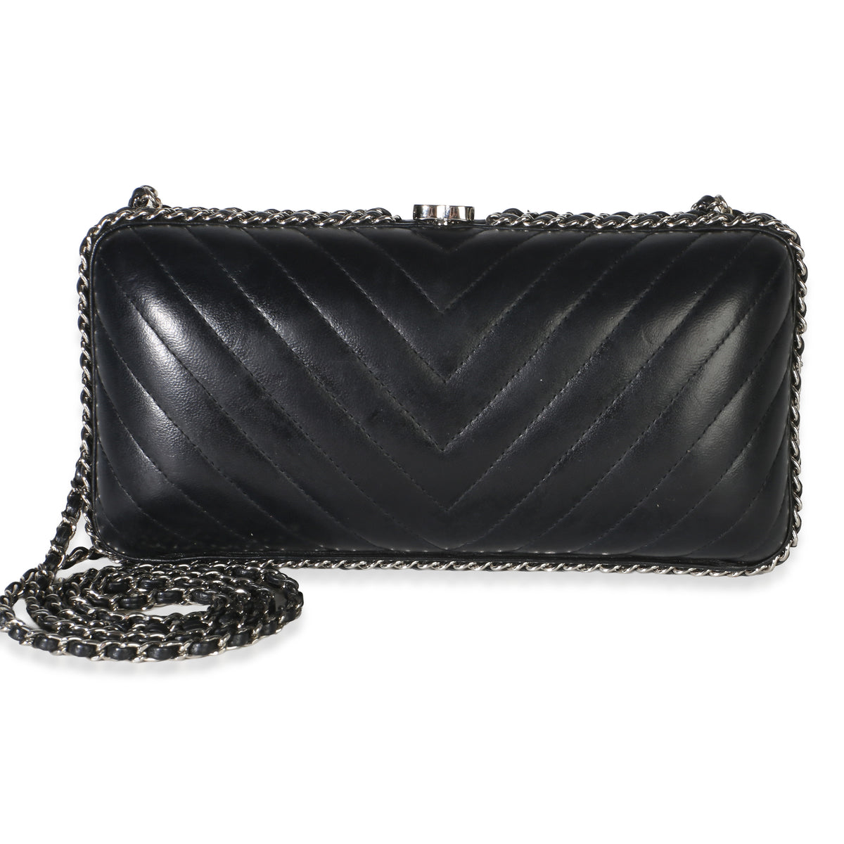 Chanel Black Chevron Lambskin Chain Around Box Clutch Handbag id