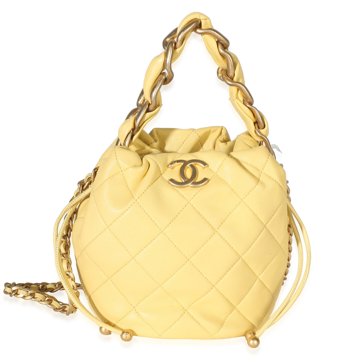 Chanel Yellow Quilted Shiny Lambskin Chain Is More Mini Bucket Bag Handbag id