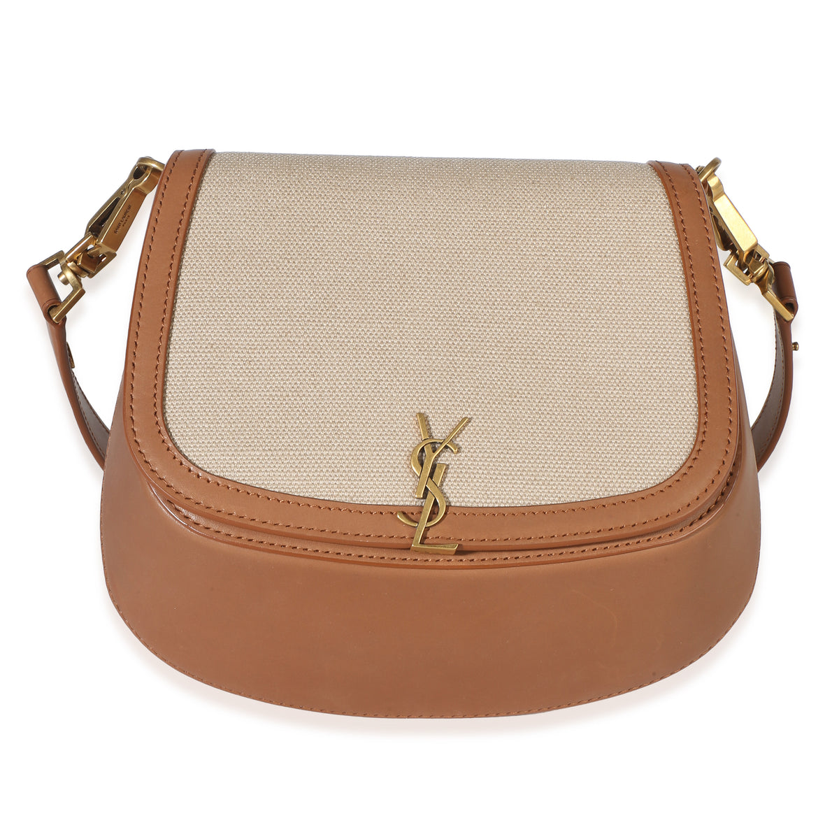 Saint Laurent Natural Tan Canvas Calfskin Mini Voltaire Top Handle Bag Handbag id
