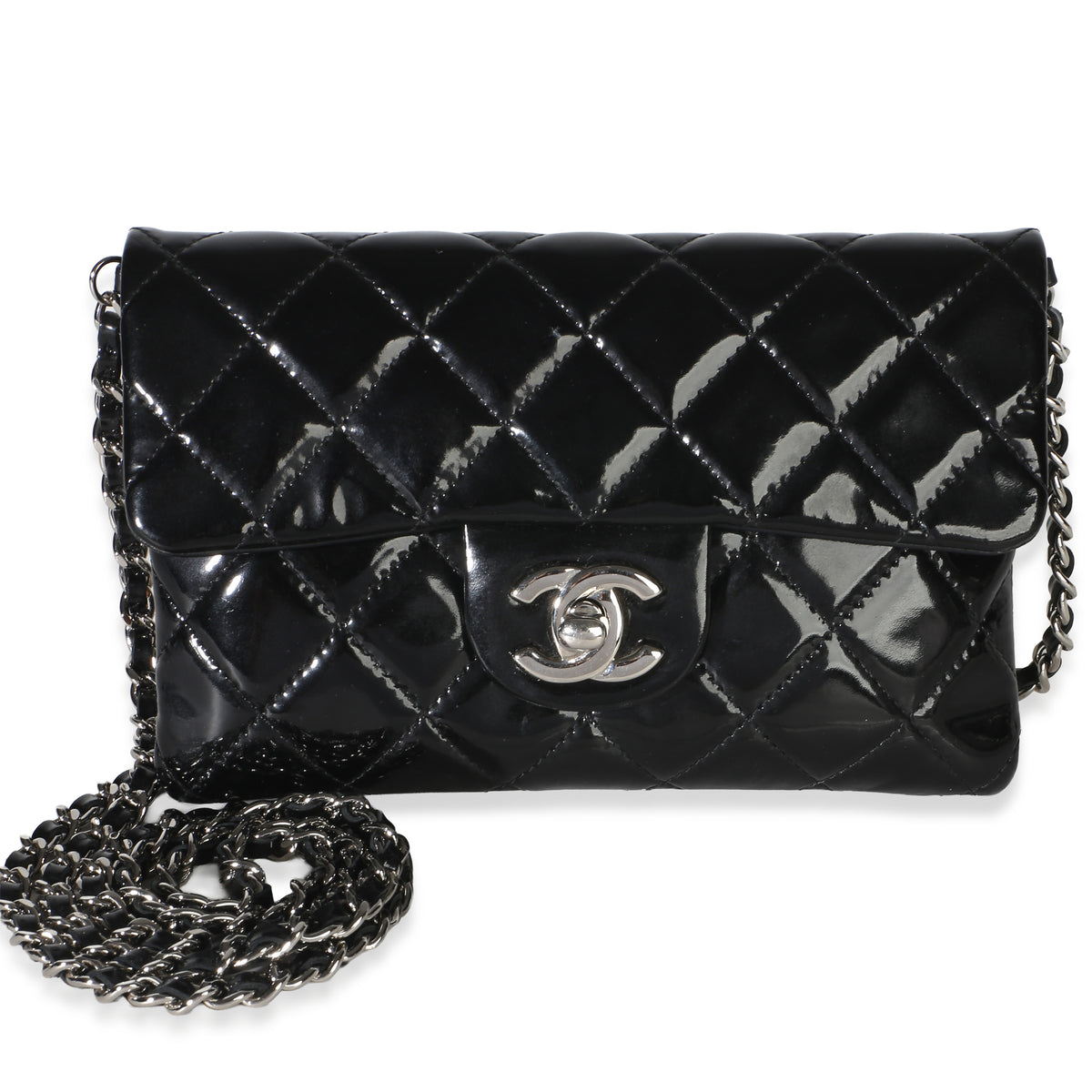 Chanel Black Quilted Patent Mini Zip Pocket Flat Crossbody Handbag id