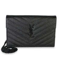 Saint Laurent Black Grain De Poudre Cassandre Envelope Chain Wallet Handbag id