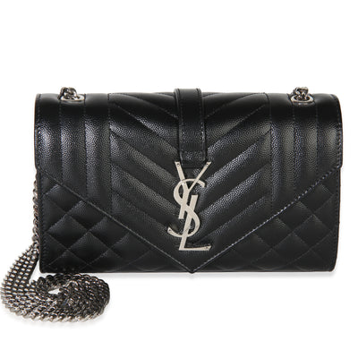 Saint Laurent Black Grain De Poudre Mixed Triquilt Small Monogram Envelope Flap Handbag id