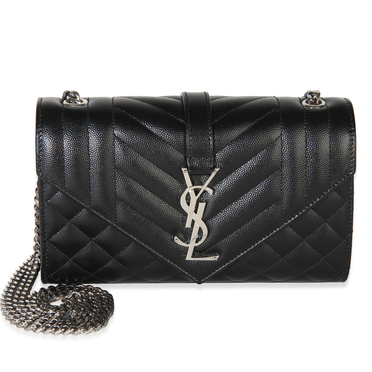 Saint Laurent Black Grain De Poudre Mixed Triquilt Small Monogram Envelope Flap Handbag id