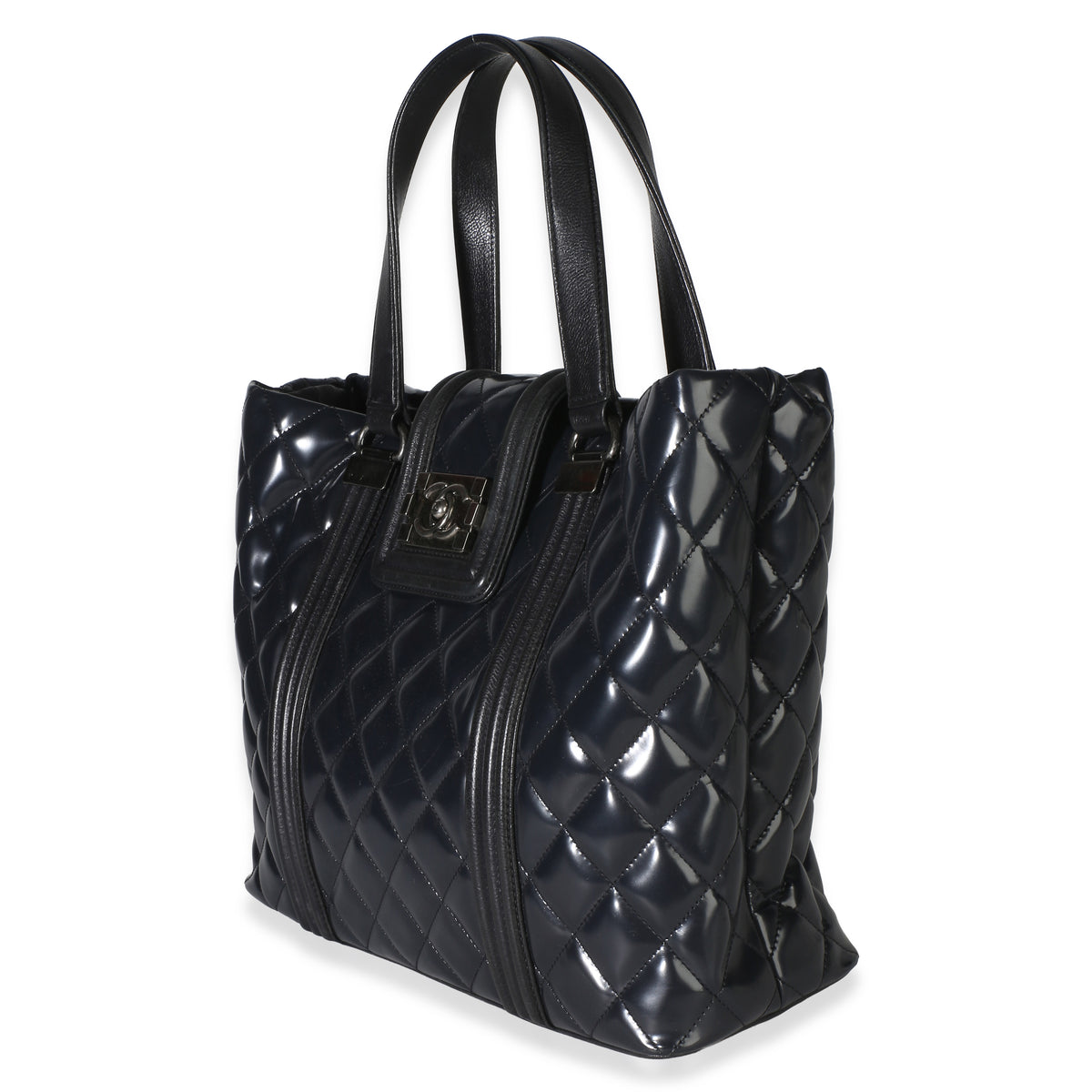 Chanel Navy Quilted Patent Boy Shopping Tote Handbag 2