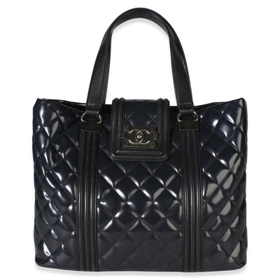 Chanel Navy Quilted Patent Boy Shopping Tote Handbag id