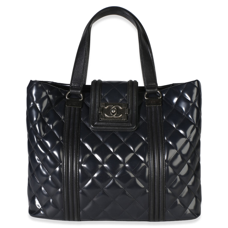 Chanel Navy Quilted Patent Boy Shopping Tote Handbag id
