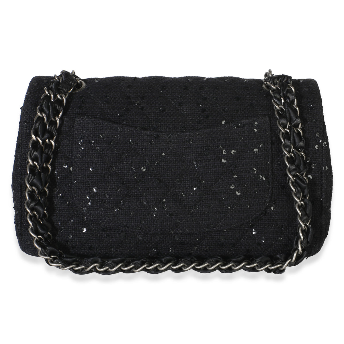 Chanel Vintage Black Tweed Sequin Embroidered Medium Shoulder Flap Bag Handbag 4