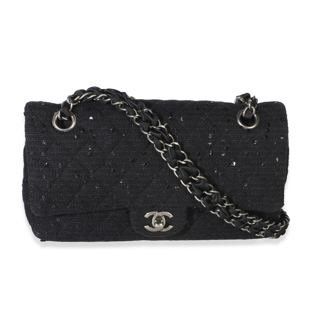 Chanel Vintage Black Tweed Sequin Embroidered Medium Shoulder Flap Bag Handbag fv
