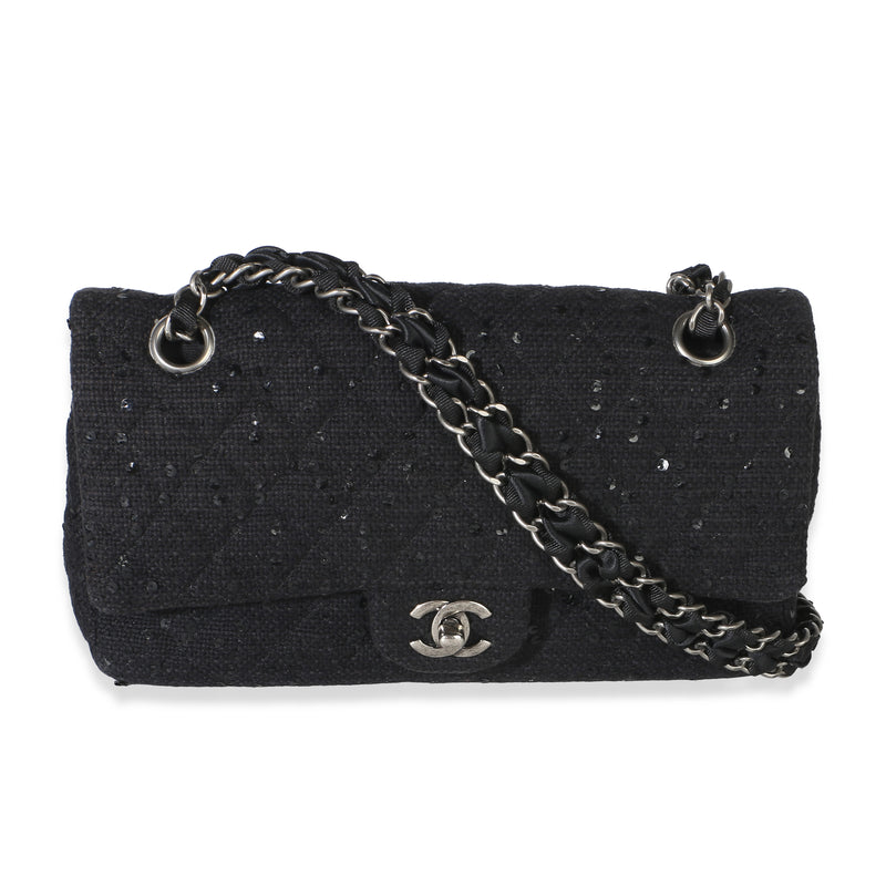 Chanel Vintage Black Tweed Sequin Embroidered Medium Shoulder Flap Bag Handbag fv