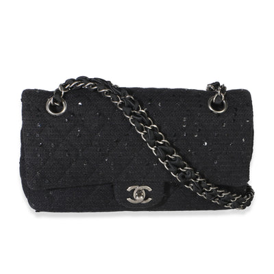 Chanel Vintage Black Tweed Sequin Embroidered Medium Shoulder Flap Bag Handbag id