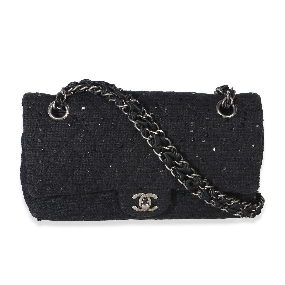 Chanel Vintage Black Tweed Sequin Embroidered Medium Shoulder Flap Bag Handbag id