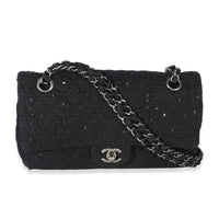 Chanel Vintage Black Tweed Sequin Embroidered Medium Shoulder Flap Bag Handbag id