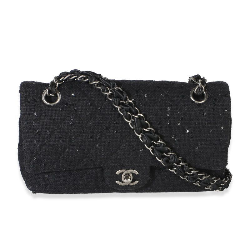 Chanel Vintage Black Tweed Sequin Embroidered Medium Shoulder Flap Bag Handbag id