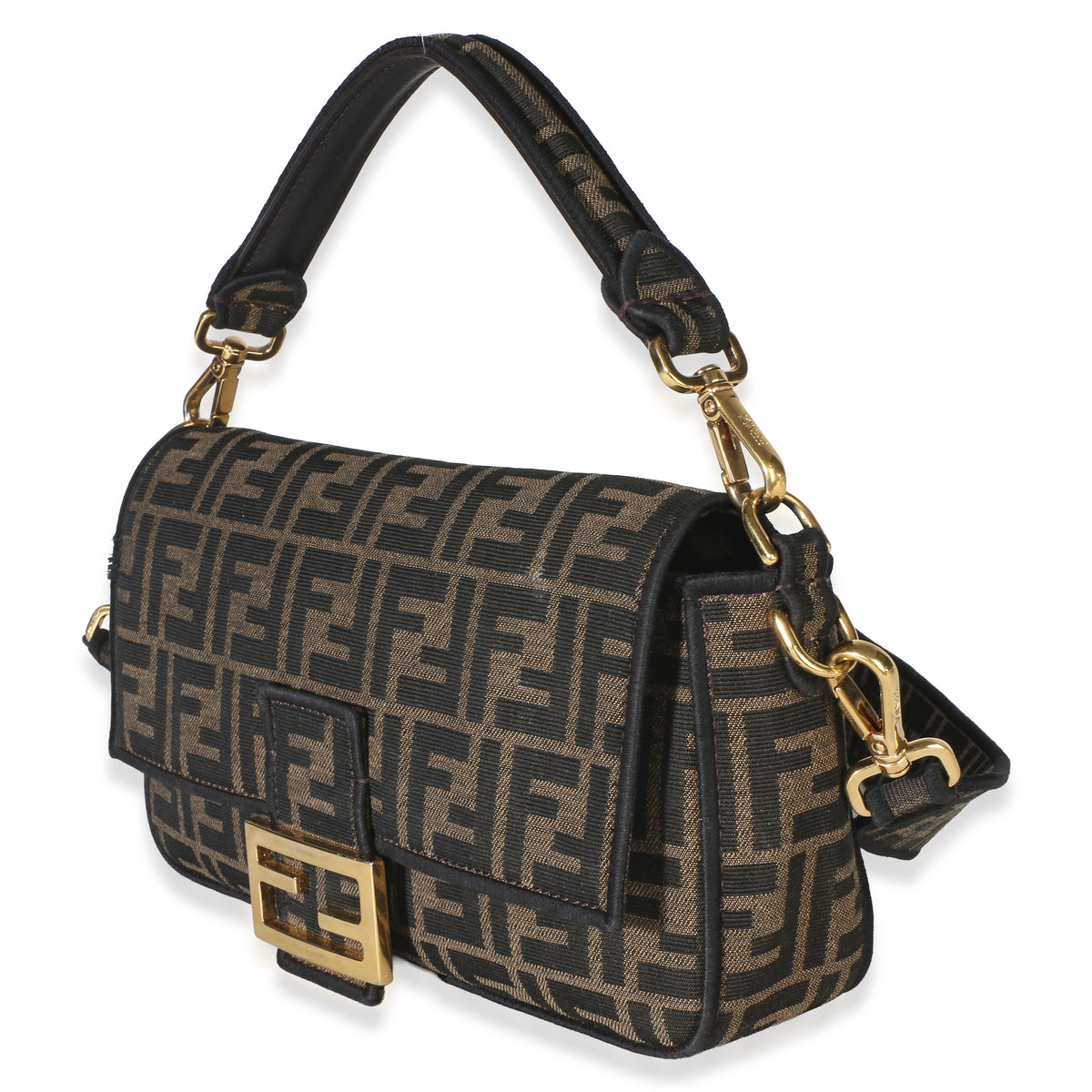 Fendi Black Tobacco Fabric FF 1974 Jacquard Canvas Medium Baguette Bag Handbag 2