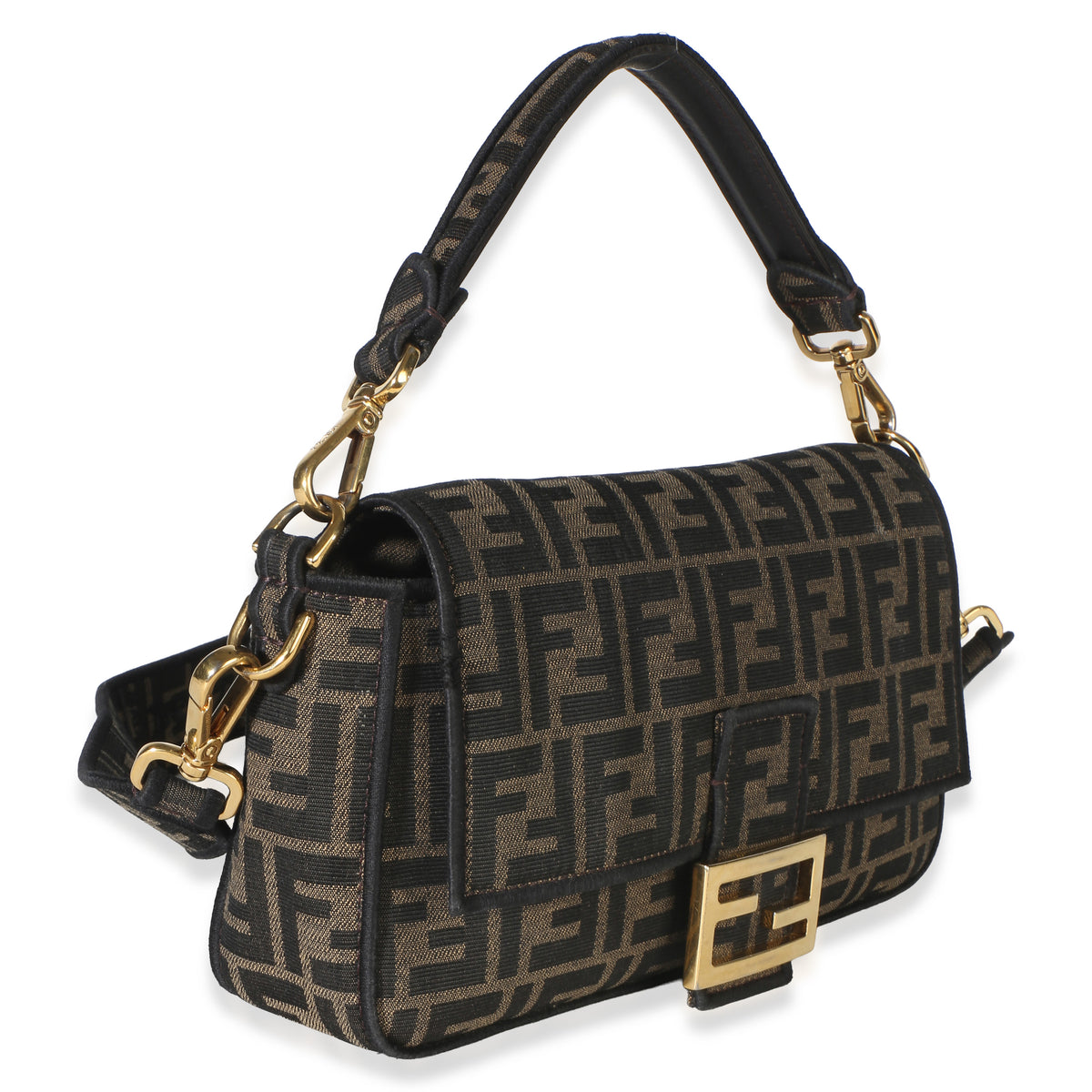 Fendi Black Tobacco Fabric FF 1974 Jacquard Canvas Medium Baguette Bag Handbag 3