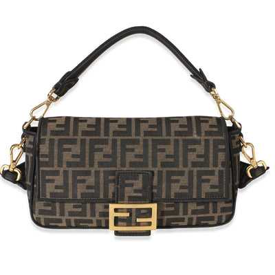 Fendi Black Tobacco Fabric FF 1974 Jacquard Canvas Medium Baguette Bag Handbag id