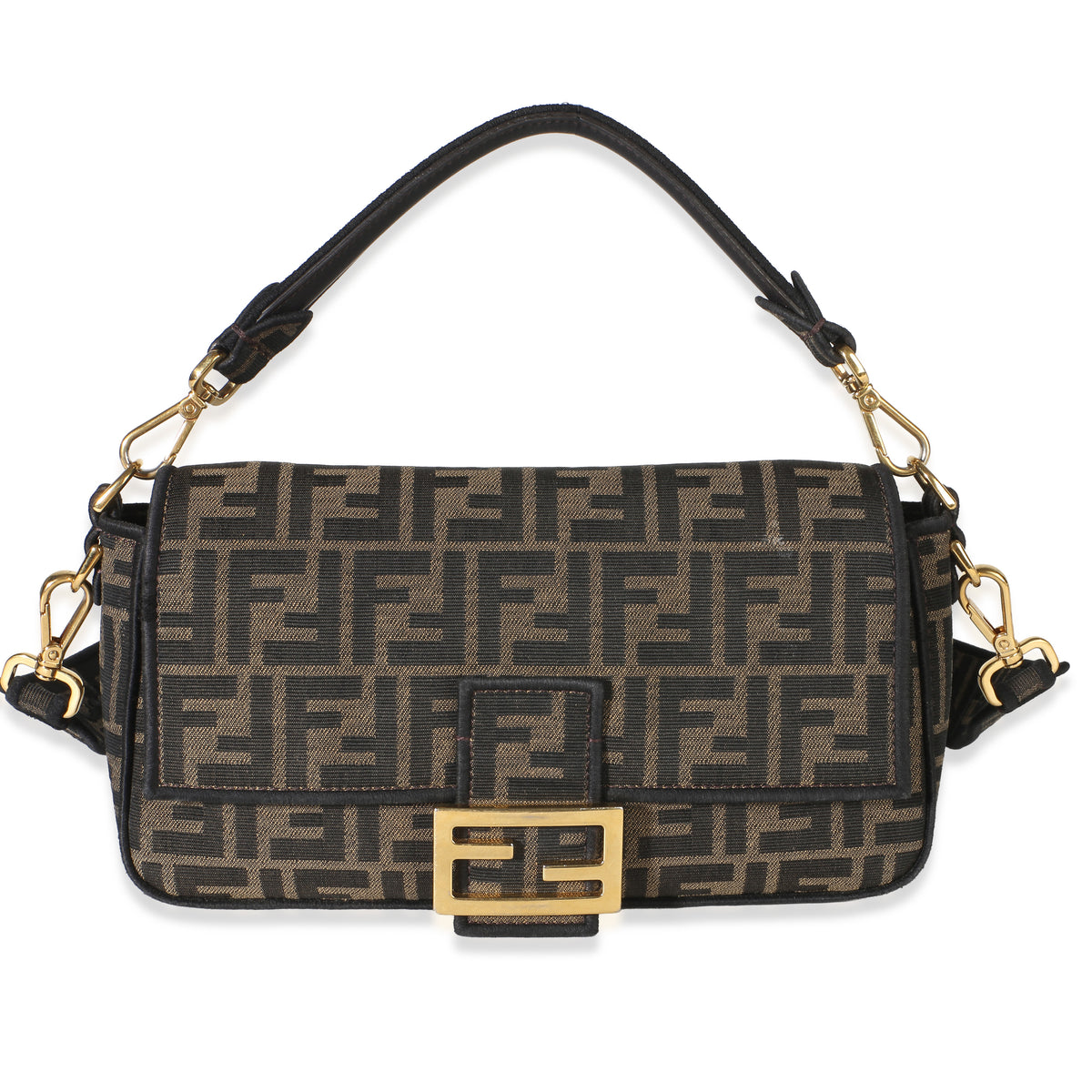 Fendi Black Tobacco Fabric FF 1974 Jacquard Canvas Medium Baguette Bag Handbag id