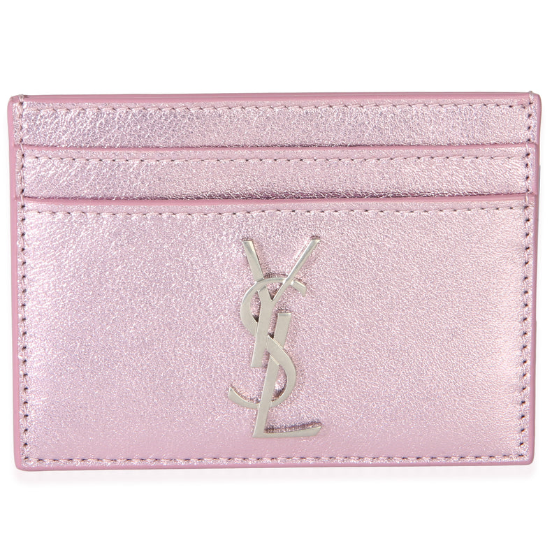 Saint Laurent Pink New Azalea Metallic Calfskin Monogram Credit Card Case Wallet id