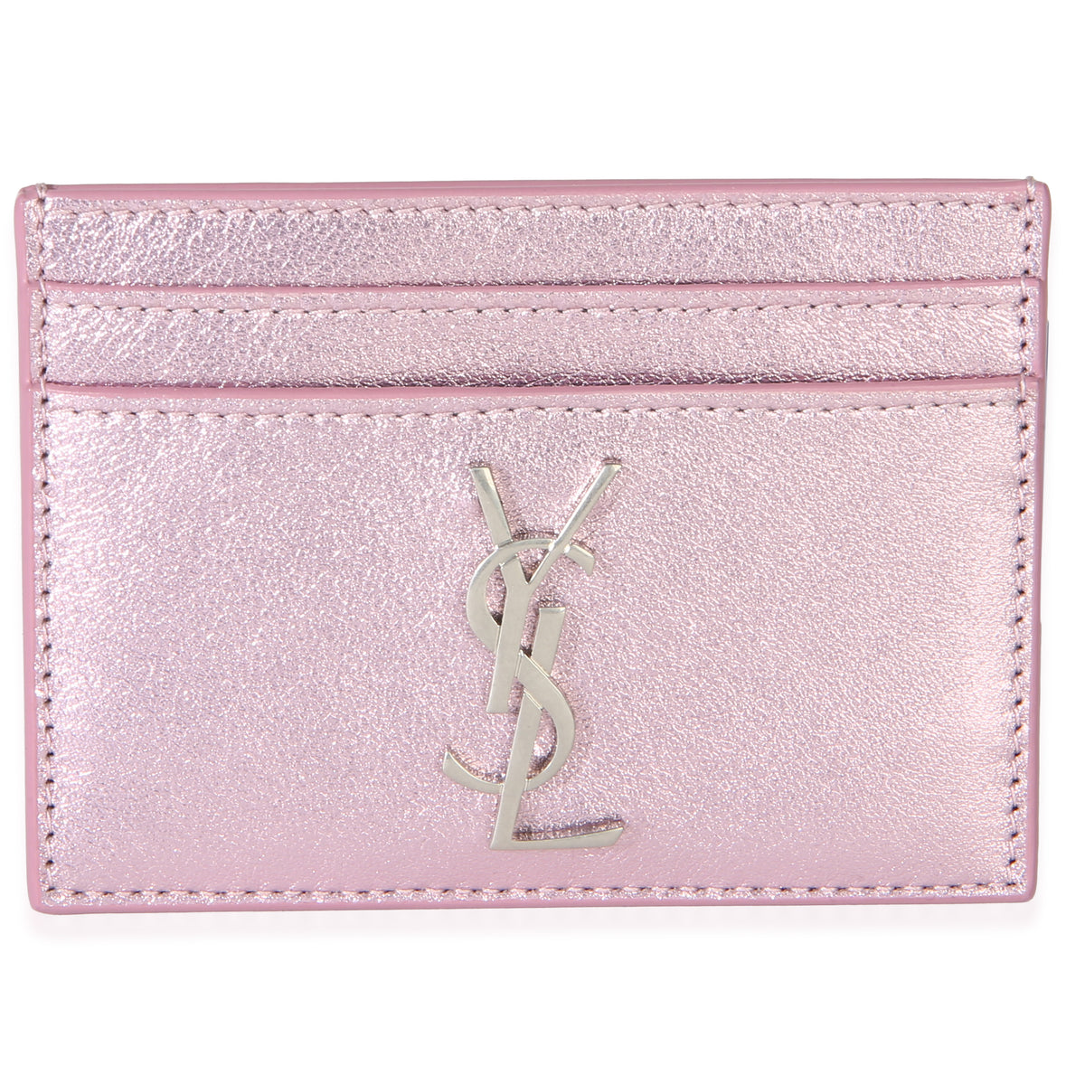 Saint Laurent Pink New Azalea Metallic Calfskin Monogram Credit Card Case Wallet id