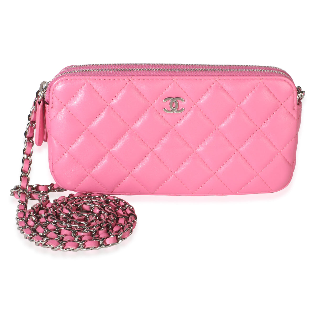 Chanel Pink Quilted Lambskin Double Zip Clutch With Chain Handbag id