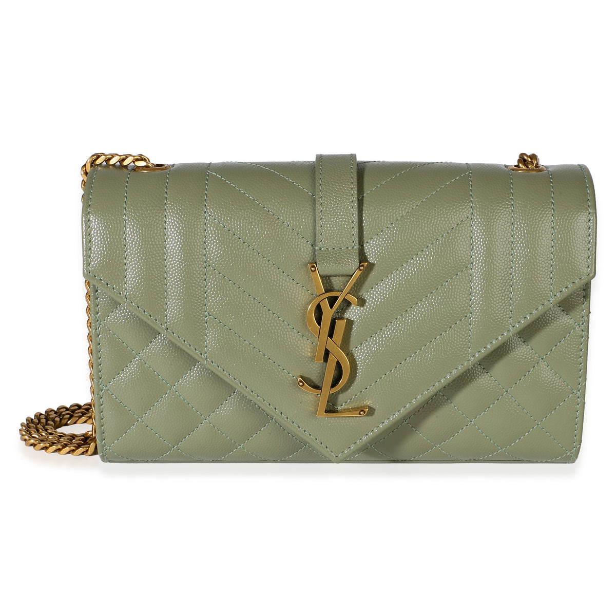 Saint Laurent Sage Grain De Poudre Triquilt Small Monogram Envelope Flap Bag Handbag id