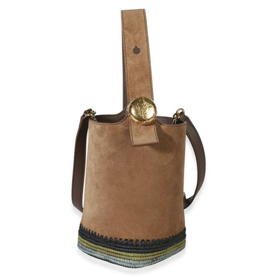 Loewe Brown Suede Raffia Striped Mini Pebble Bucket Bag Handbag id